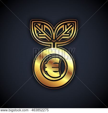 Gold Euro Plant Icon Isolated On Black Background. Business Investment Growth Concept. Money Savings