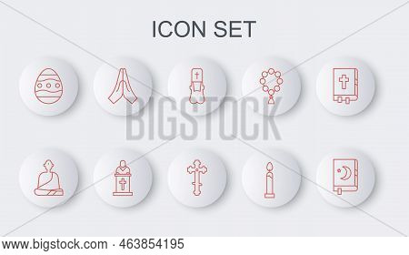 Set Line Holy Book Of Koran, Buddhist Monk, Priest, Burning Candle, Easter Egg, Hands Praying Positi