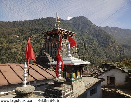 Mukhumath Temple With Himalayan Mountains In The Background, Garhwal Himalayas, Uttarakhand, India