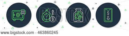 Set Line Money Bomb Dollar Crisis, Glass Money Jar With Coin, Safe And Mobile Stock Trading Icon. Ve