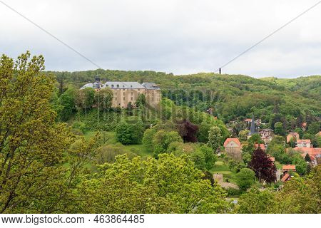 Panorama View Of Town Blankenburg With Blankenburg Castle Seen From Teufelsmauer In Harz Mountains, 