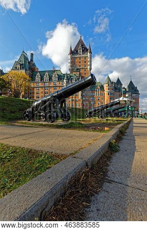 Quebec, Canada, October 8, 2022 : Guns On Terrasse Dufferin, A Boardwalk That Wraps Around The Châte