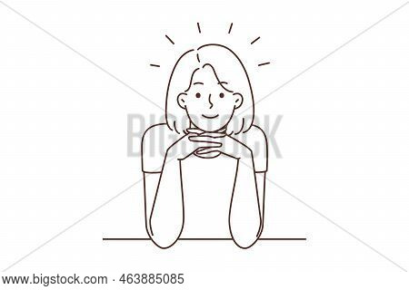 Smiling Young Woman Sit At Desk Looking At Camera. Happy Girl Sitting At Table Communicating With Fr