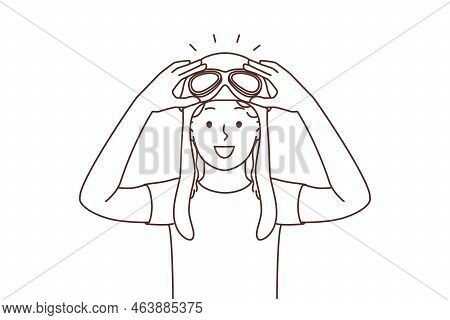 Smiling Child In Pilot Hat Excited About Future Career. Happy Kid In Aviator Headwear Plan To Be Cap