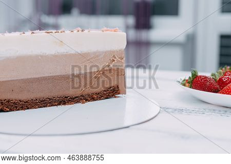 A Piece Of Chocolate Cake In The Cut. Preparation Of Mousse Cake At A Culinary Master Class. Cooking