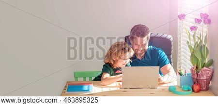 Banner Of Home School Of Father And Son With Laptop At Home, Happy Mature Man Teacher Or Dad Helping