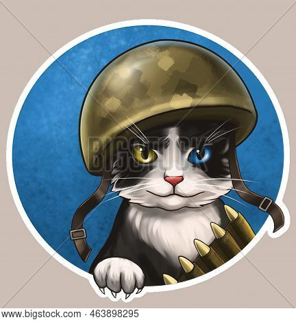 Ukrainian Cat In A Helmet And With Cartridges, With Blue-yellow Eyes On A Blurred Backgroun