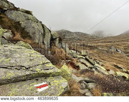 Mountaineering Signposts And Markings In The Mountainous Area Of The Alpine St. Gotthard Pass (gotth
