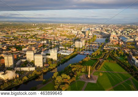 Aerial View Of The River Clyde And Glasgow City During Oncoming Storm
