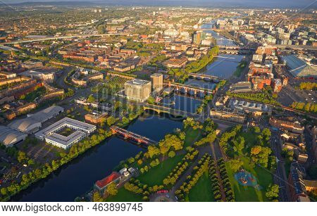 Aerial View Of The River Clyde And Glasgow City During Oncoming Storm