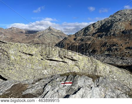 Mountaineering Signposts And Markings In The Mountainous Area Of The Alpine St. Gotthard Pass (gotth