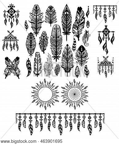 Set Of Trible Ornamental Feathers And Dreamcatchers