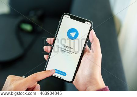 Chiangmai, Thailand April 03 2022 : Telegram Application Icon Smartphone Mobile Close-up. Telegram A