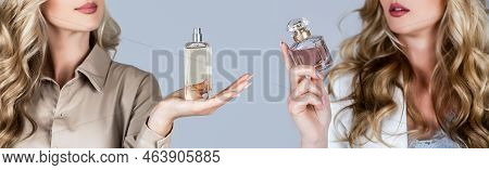 Woman Holding A Perfumes Bottle. Beautiful Girl Using Perfume. Woman With Bottle Of Perfume. Woman P