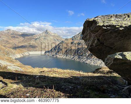 Artificial Reservoir Lake Lago Di Lucendro Or Accumulation Lake Lucendro In The Swiss Alpine Area Of
