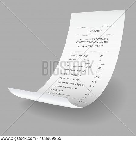 Payment Check And Receipts With Shadow. Curved Financial Paper, Purchase Invoice. Buying, Bill Or Ca