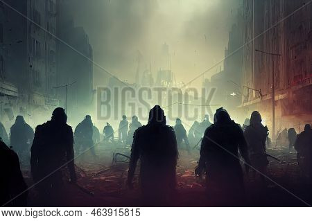 Zombies Horde In Ruined City After An Outbreak. Digital Art Style Painting