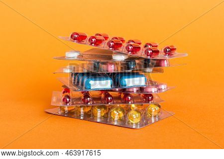Too Many Different Pill Cartridges Stacked. Selective Focus. Packs Of Blister Pills With Tablets. Co
