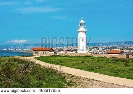 Ancient Ruins Of Kourion City Near Pathos And Limassol, Cyprus. Road To Lighthouse Under The Blue Sk