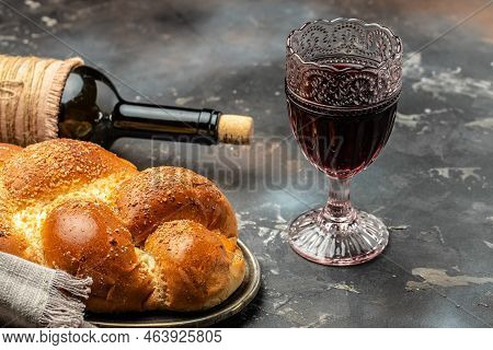 Shabbat Shalom Challah Bread, Shabbat Wine On A Dark Background, Place For Text, Top View,