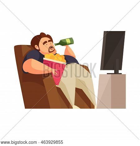 Flat Gluttony Concept With Lazy Obese Man Eating Junk Food And Drinking Beer In Front Of Tv Vector I