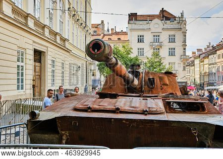 Lviv, Ukraine - August 18, 2022: Exhibition Of Destroyed Russian Military Vehicles During The Russia