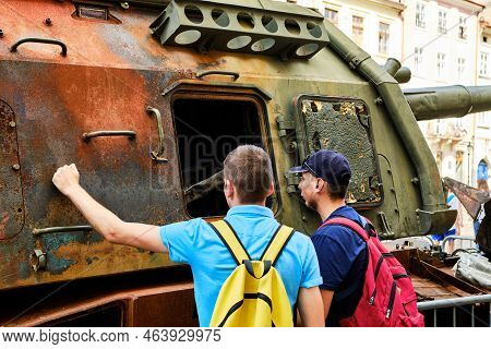 Lviv, Ukraine - August 18, 2022: Exhibition Of Destroyed Russian Military Vehicles During The Russia