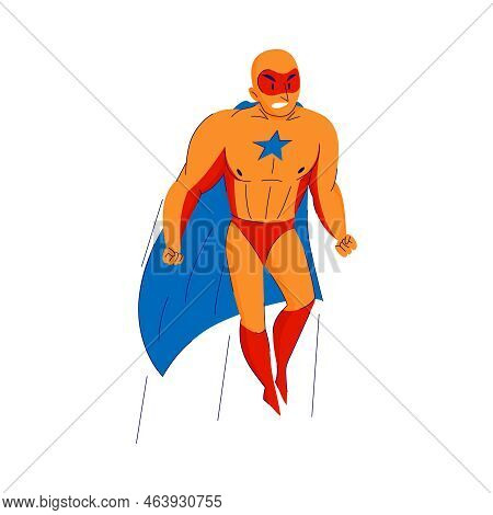 Flat Flying Superhero With Cape And Mask Cartoon Comic Strip Character Vector Illustration