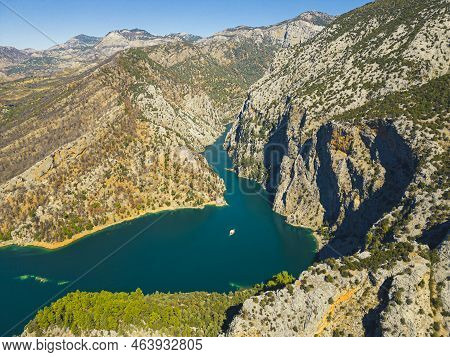 Green Canyon - One Of The Main Attractions Of Turkey. Beautiful Drone Top View Of Dam Lake, Reservoi