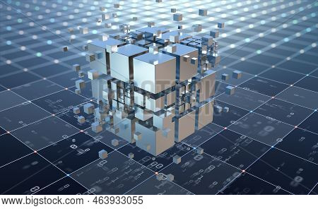Hi-tech Square Blocks Are Collected In A Cubic Array Against The Background Of Information Fields. 3