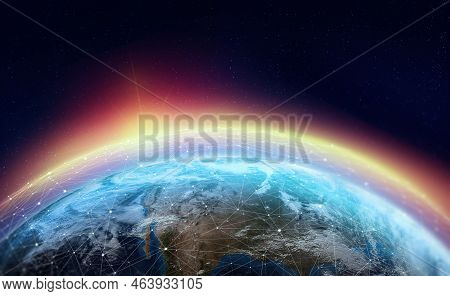 Global Network Across The Planet. The Earth Is Surrounded By A Web Of Digital Data. Elements Of This