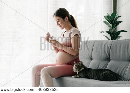 Pregnant Asian Woman In Exercise Outfits Is Eating Yogurt On The Couch With Her Lovely Kitty Beside,