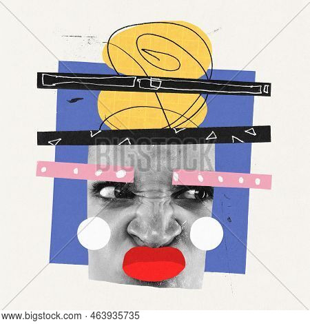 Contemporary Art Collage. Creative Bright Design. Young Woman With Funny Querulous, Unpleasant Face.