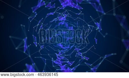 Abstract Blue Background Of The Solar System. A Futuristic Tunnel Of Moving Lines And Dots. Network 