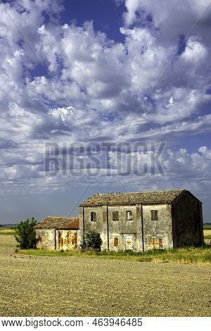 Country Landscape In Polesine Near Rovigo, Veneto, Italy, At Summer