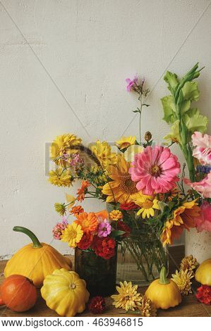 Autumn Rustic Still Life. Colorful Autumn Flowers, Pumpkins, Pattypan Squashes Composition Against R