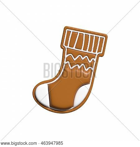 Christmas Gingerbread Cookies In Shape Of Sock 3d Render. Winter Homemade Xmas Sweet Biscuit In Shap
