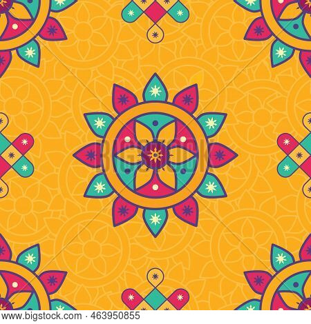 Vector Colorful Rangoli Seamless, Repeat Pattern Background For Diwali. Perfect For Diwali, Holi, Po