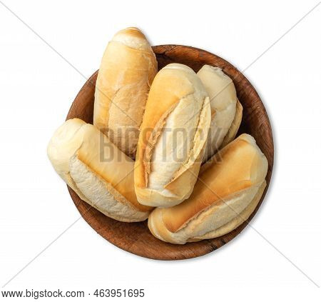 French Bread, Salt Bread Or Pistolet In A Bowl Isolated Over White Background.