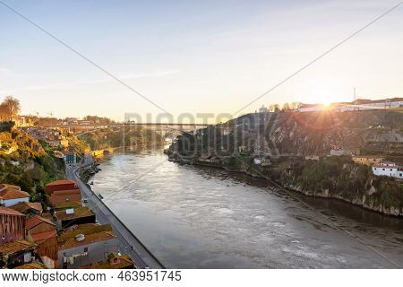 View Of The City Of Porto From The Eiffel Bridge Early In The Morning At Dawn, Small Multicolored Ho