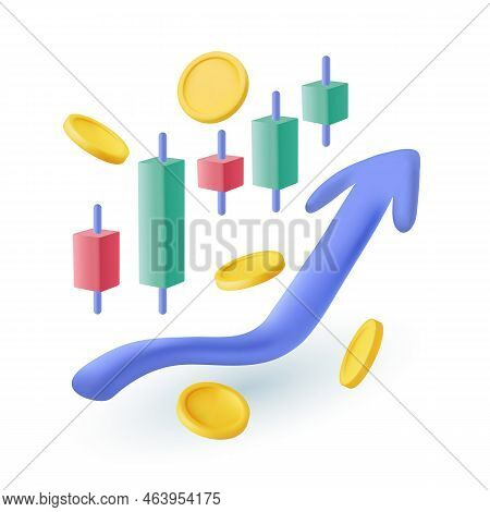 Candlestick Chart With Upward Arrow And Gold Coins 3d Icon. Business Analysis, Financial Chart 3d Ve