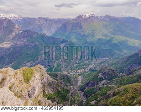 Breathtaking Panoramic View Of The Grlo Sokolovo Gorge In Montenegro. In The Foreground Is A Mountai