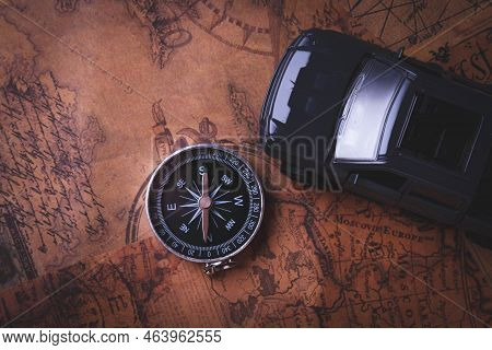 Tourist Travel By Car. Travel By Car. Compass And Car. Autotourism.