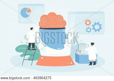 Scientists Analyzing Brain Flat Vector Illustration. Tiny Man And Woman Using Machine Learning, Data
