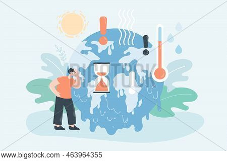 Planet Melting Due To Climate Change. Tiny Person Suffering From Hot Weather, Greenhouse Effect Flat