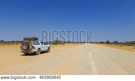 Hardap, Namibia - 29 September 2018: Typical 4x4 Rental Car In Namibia Equipped With Camping Gear An