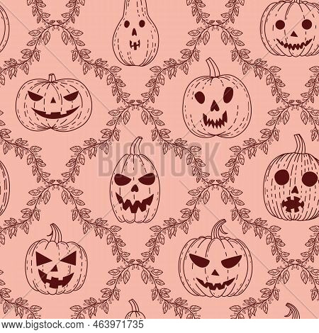 Pattern With Pumpkins And Baroque Pattern. Jack O' Lantern Pattern Drawn In Retro Style With Floral 