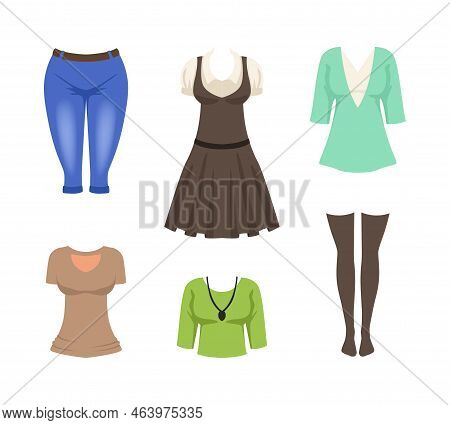 Different Female Clothes And Attire With Stockings, Pinafore, Blouse And Knee Breeches Vector Set