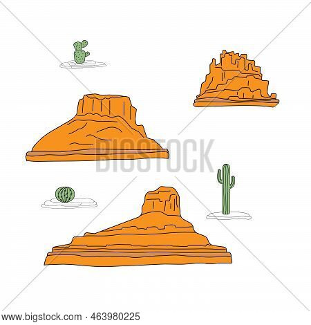 Red Rocks, Isolated Mountains, And Cactus Icons On White Background