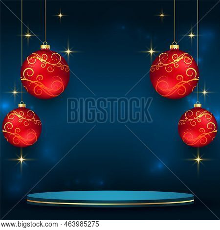 3d Podium Design With Xmas Bauble On Shiny Background